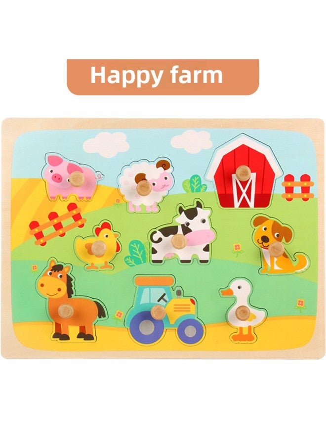 Direct Hand-held Plate Jigsaw Puzzle Children's Early Education And Intelligence Wooden Toys Digital Letters Fruit Geometric Shapes-Color:OJR-Big Wooden Nail Hand Grab Board Happy Farm - Image 1